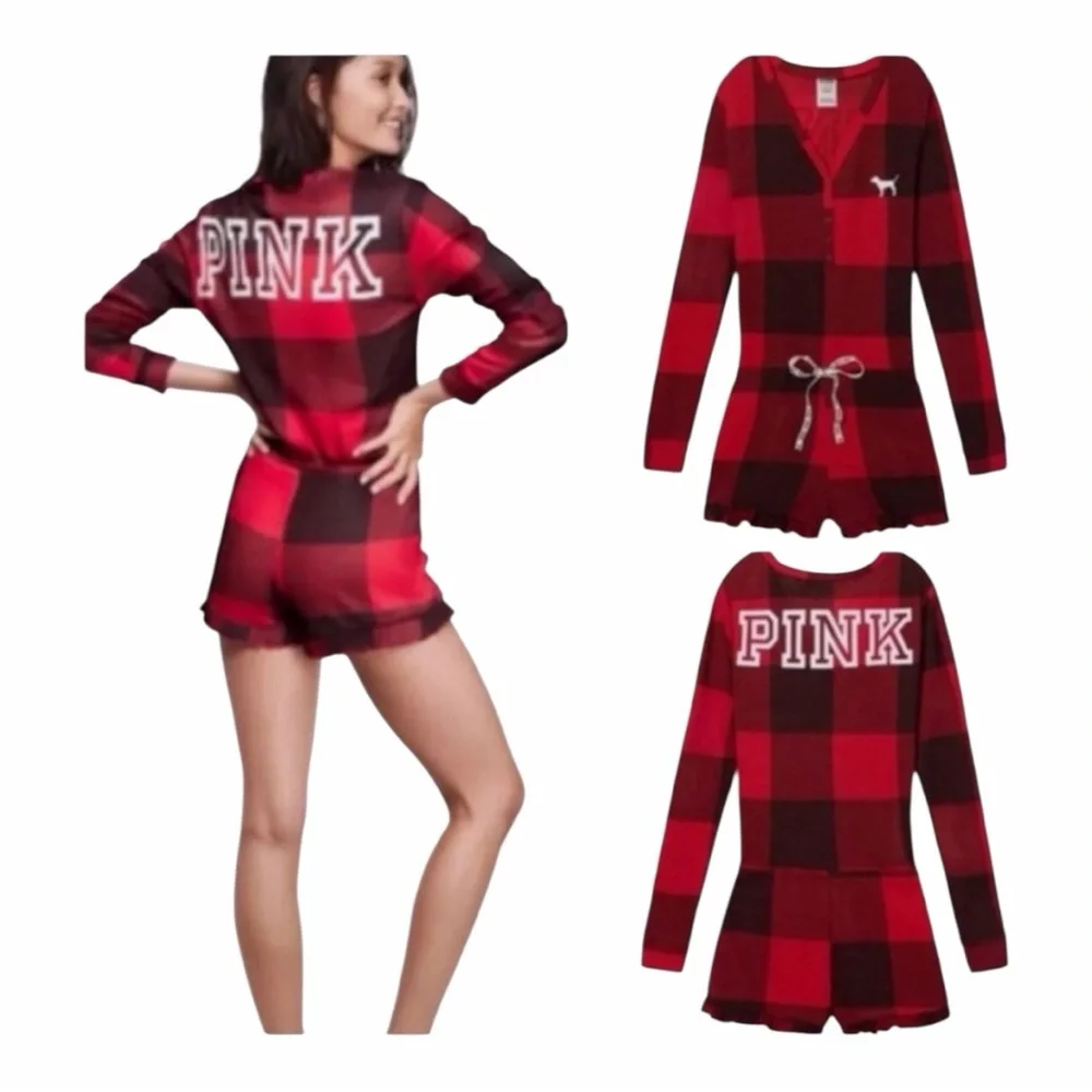 Victoria’s Secret PINK Buffalo Plaid Thermal Sleepwear Romper. Size Medium. - Picture 11 of 11
